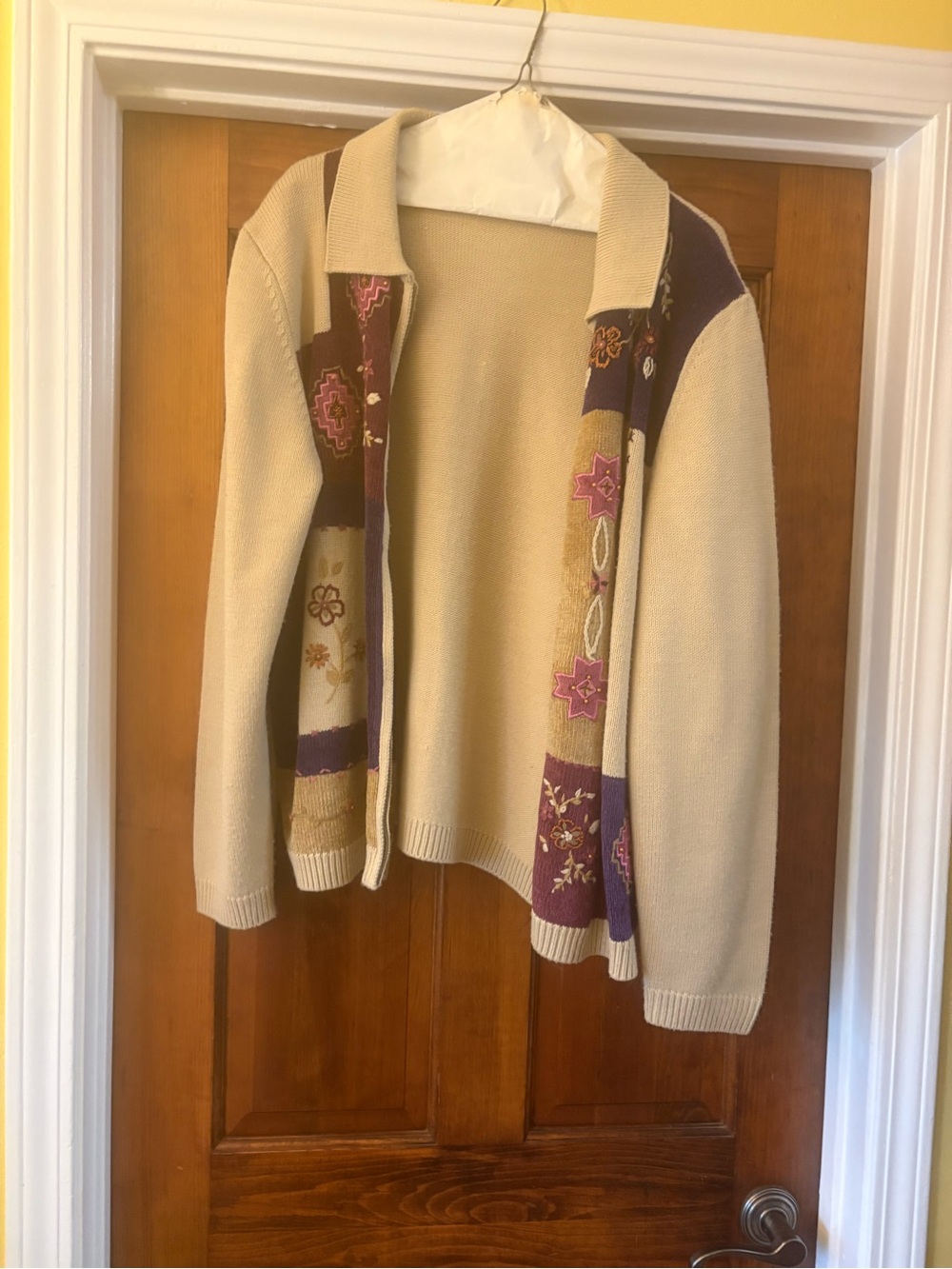 Cream Open-Front Women's Sweater Cardigan with Purple Floral Trim, zipper